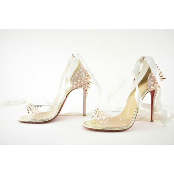 Christian Louboutin Barbarissima 100 Nude Gold PVC Lace Up Sandal Heel Pump 35.5 - Picture 11 of 12